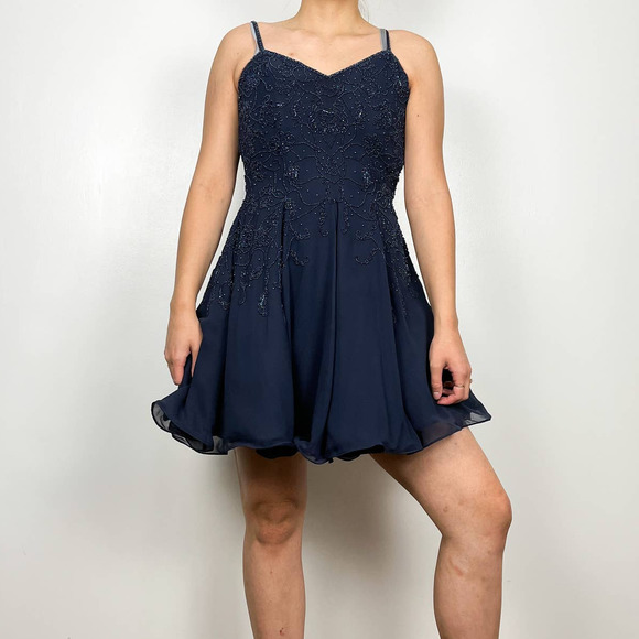 Niteline Della Roufogali Vintage Blue Silk Beaded Strappy Mini Dress Size 4 - Picture 13 of 13